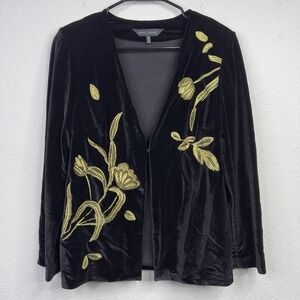 Ming Wang Cardigan Women XS Black Velvet Gold Floral Embroidered Elegant Classic